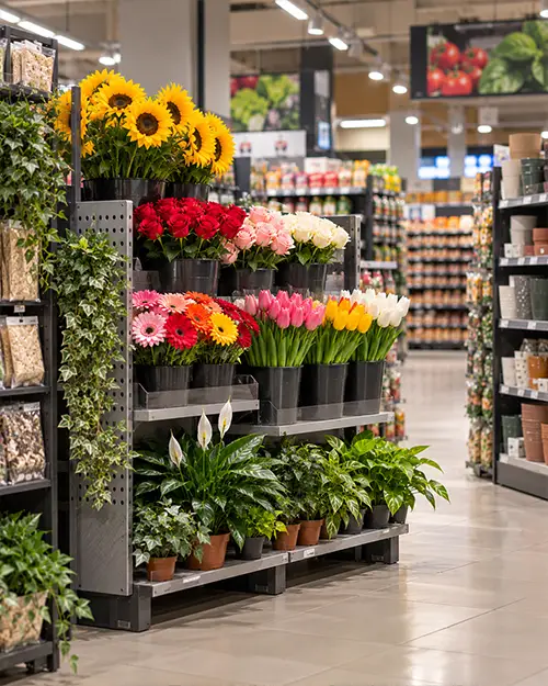 assortimento fiori artificiali reparto supermercato GDO