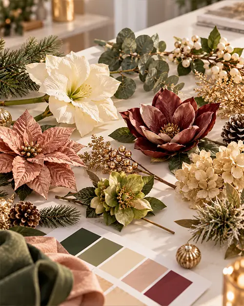 colori e varianti proposta natalizia fiori elemti artificiali