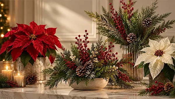 composizione floreale artificiale natalizia con stelle natale