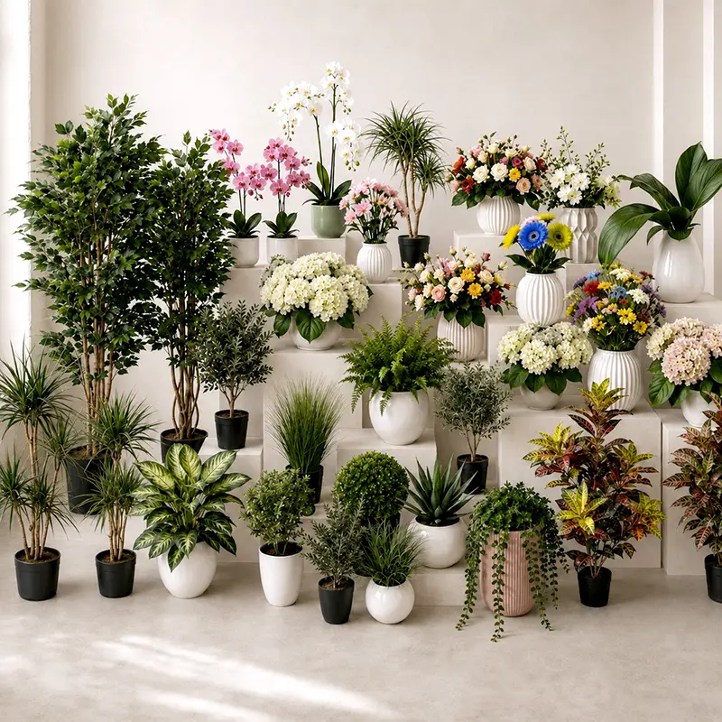 Esposizione di piante e fiori artificiali