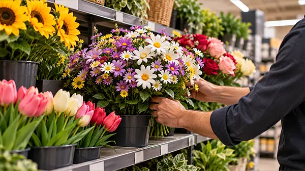 inserimento fiori artificiali in reparto supermercato GDO